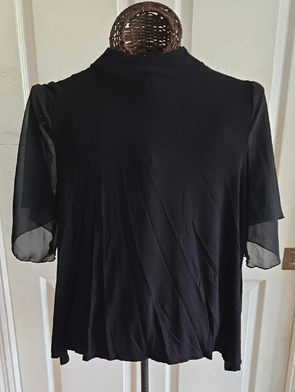 Kim & Cami Black Mock Neck Short Sleeve Top with Sheer Sleeves-Size L